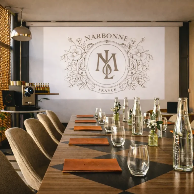 Bright meeting room in Narbonne with wooden table and professional projection screen.